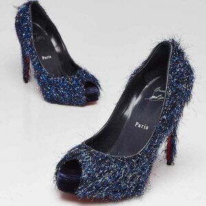 Christian Louboutin Blue Metallic Fringe Fabric Very Prive 120 Peep Toe Pumps